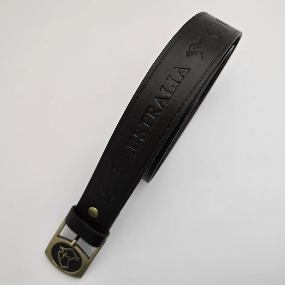 AUSTRALIA‎ belt size 36 Leather Brown Embossed Kangaroo Map Symbols Gold Buckle